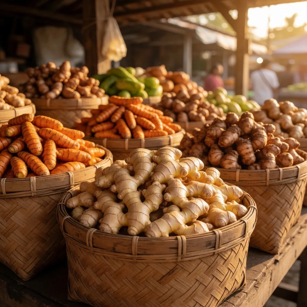 Fresh turmeric and herbal roots at an Indonesian market stall