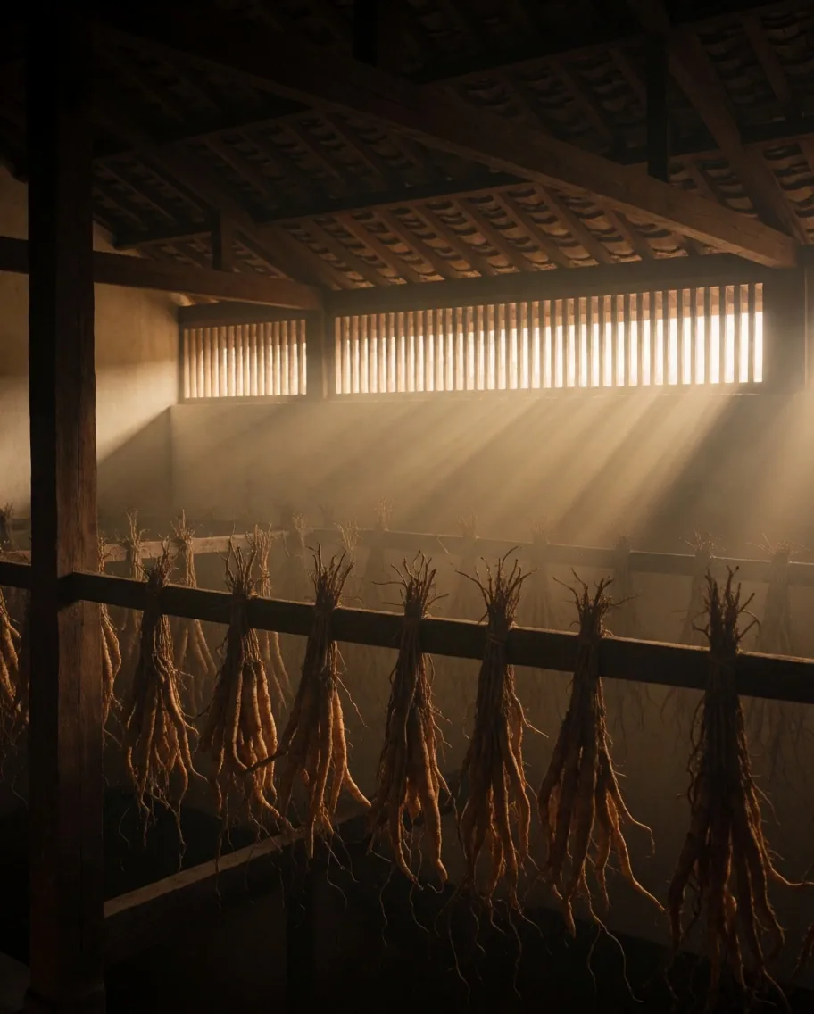 Dried botanical roots on a wooden workbench under amber light