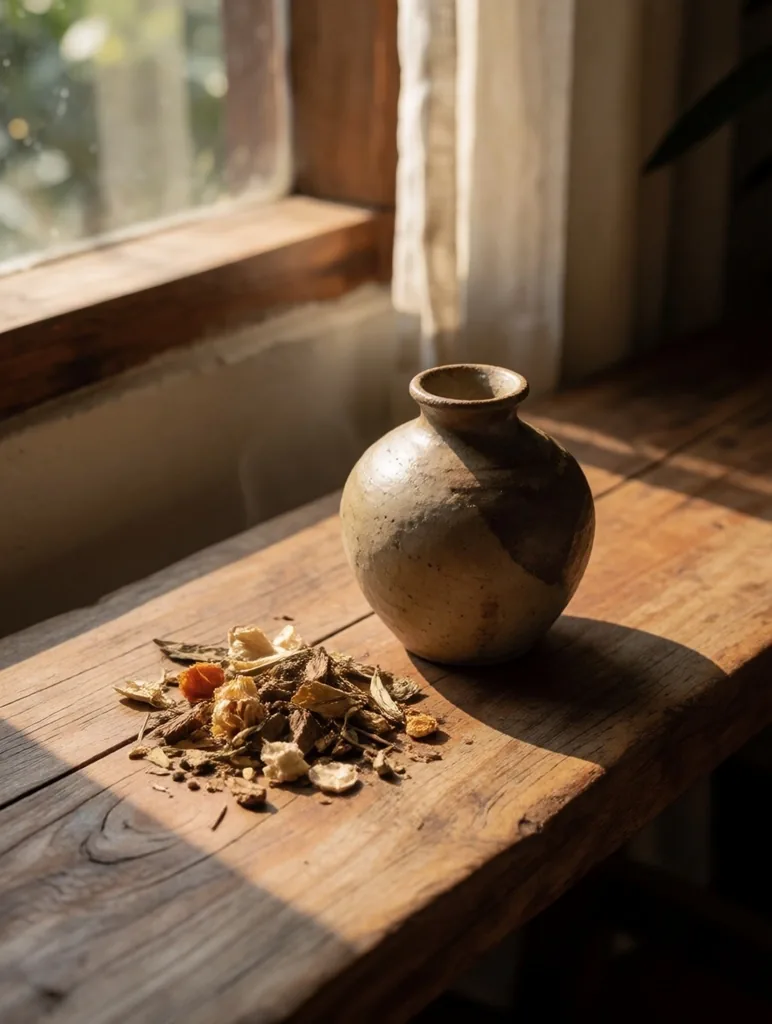 Morning workspace with herbs and ceramics