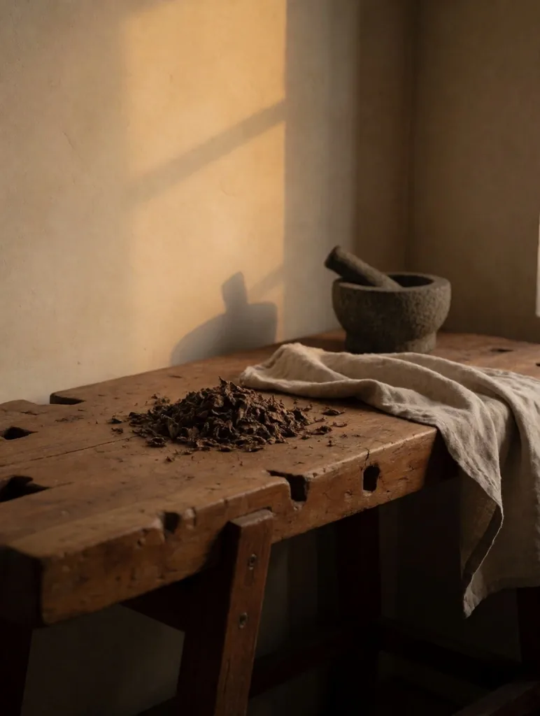 Workshop bench with dried herbs and mortar