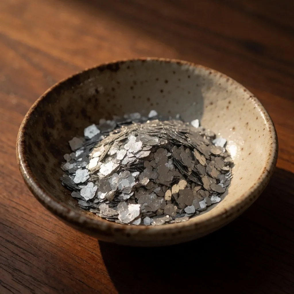 Mineral specimens and powder in a ceramic dish on a workbench