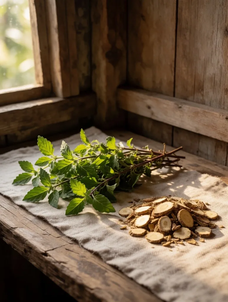 Rhodiola root and Holy Basil leaves on a workbench