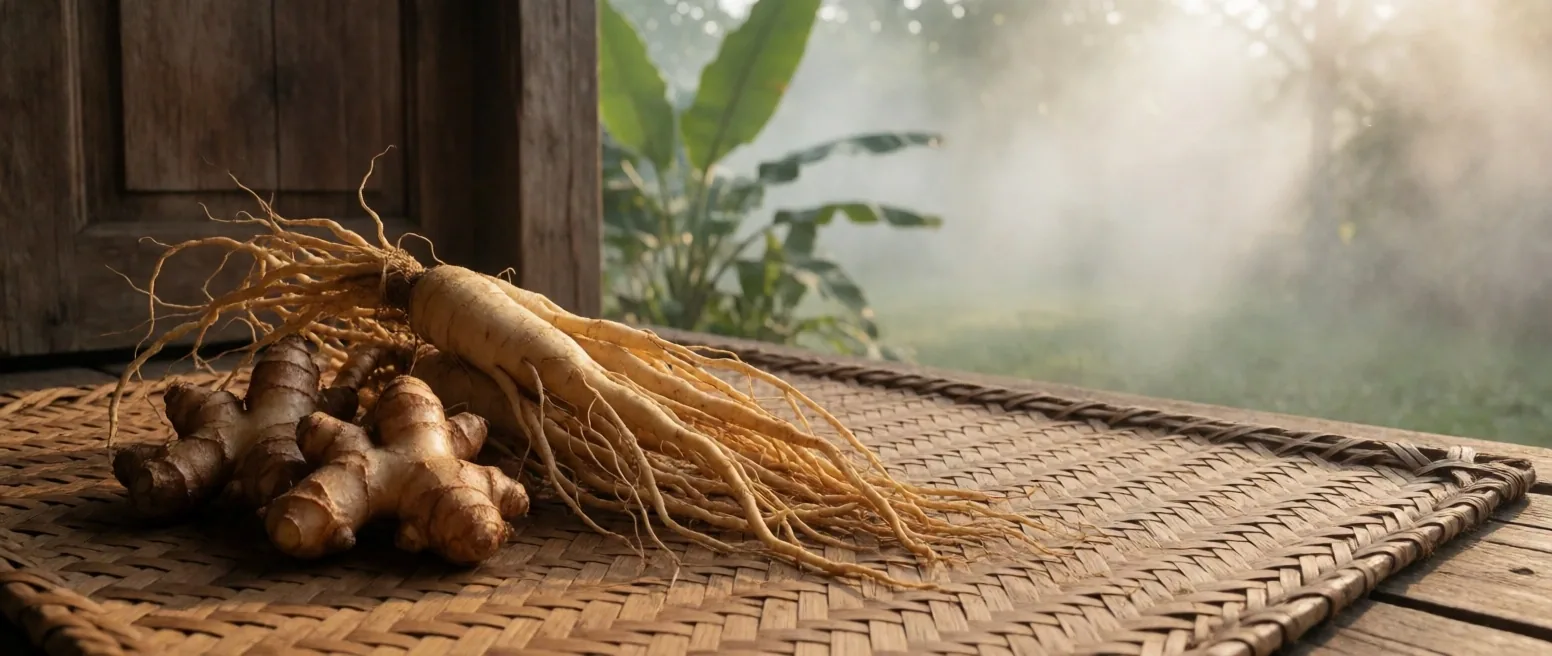 Turmeric, ginger, and Javanese ginseng on a workbench
