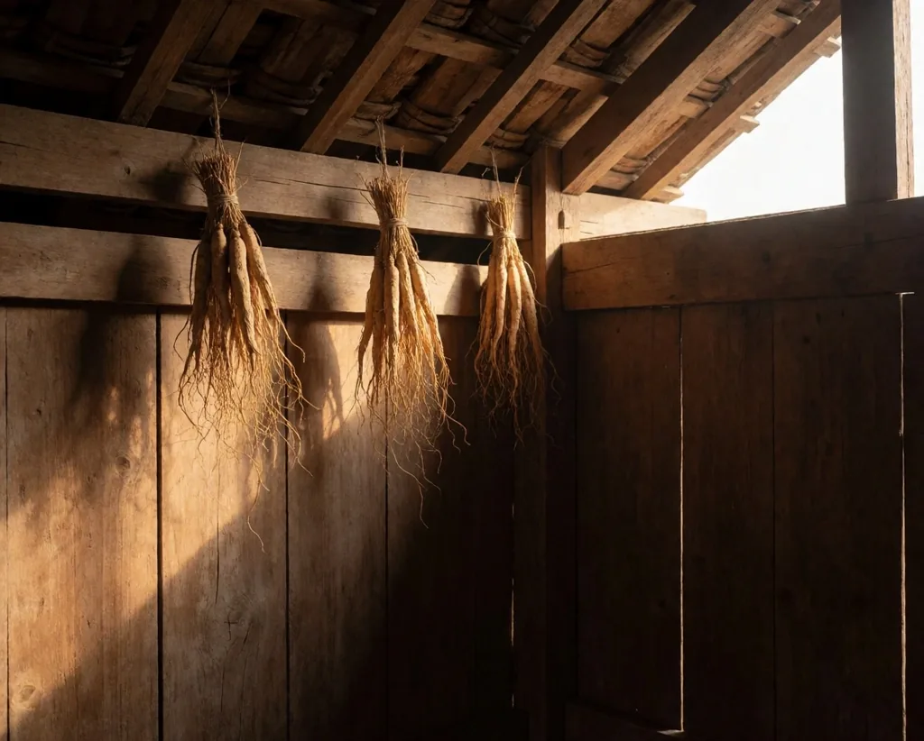 Maca root and ginseng on a workbench