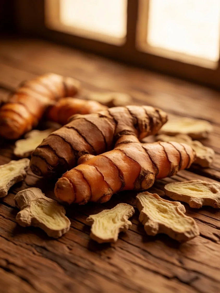 Turmeric root and ginger slices on a workbench