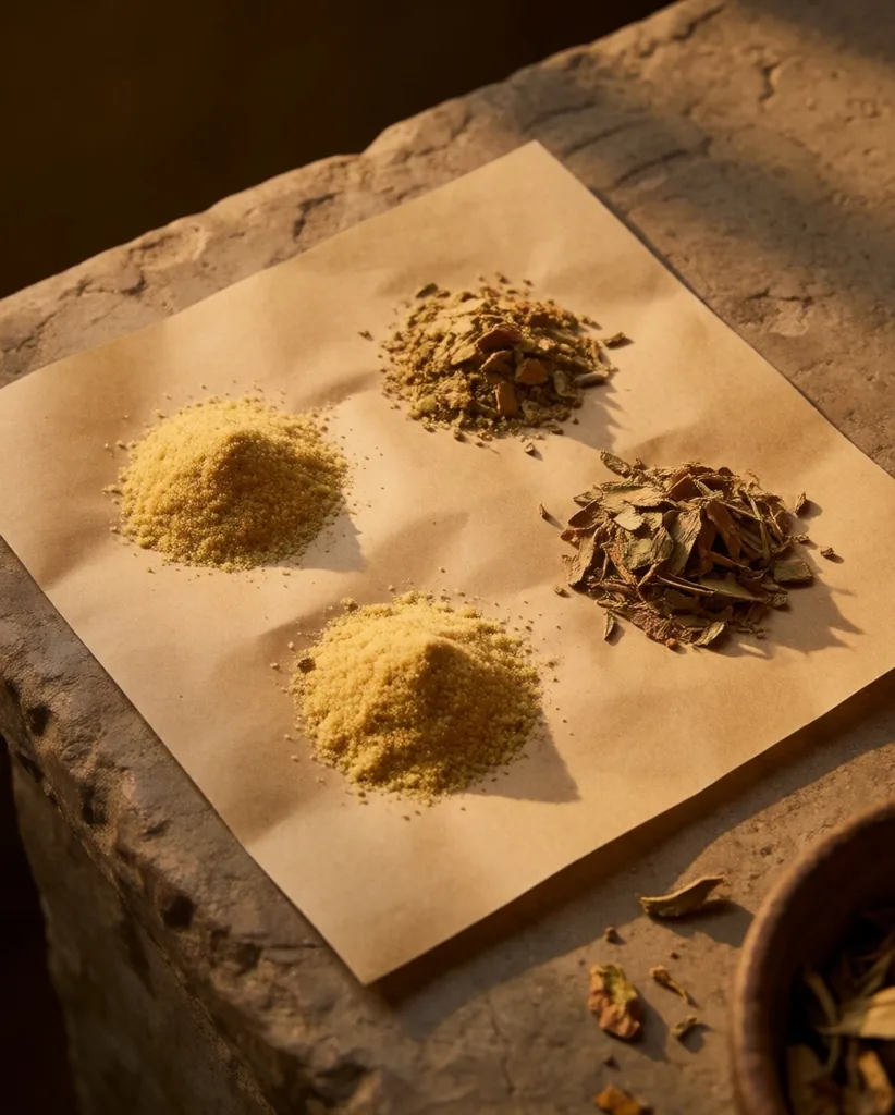 B-vitamin, iron, and magnesium food sources on a wooden workbench