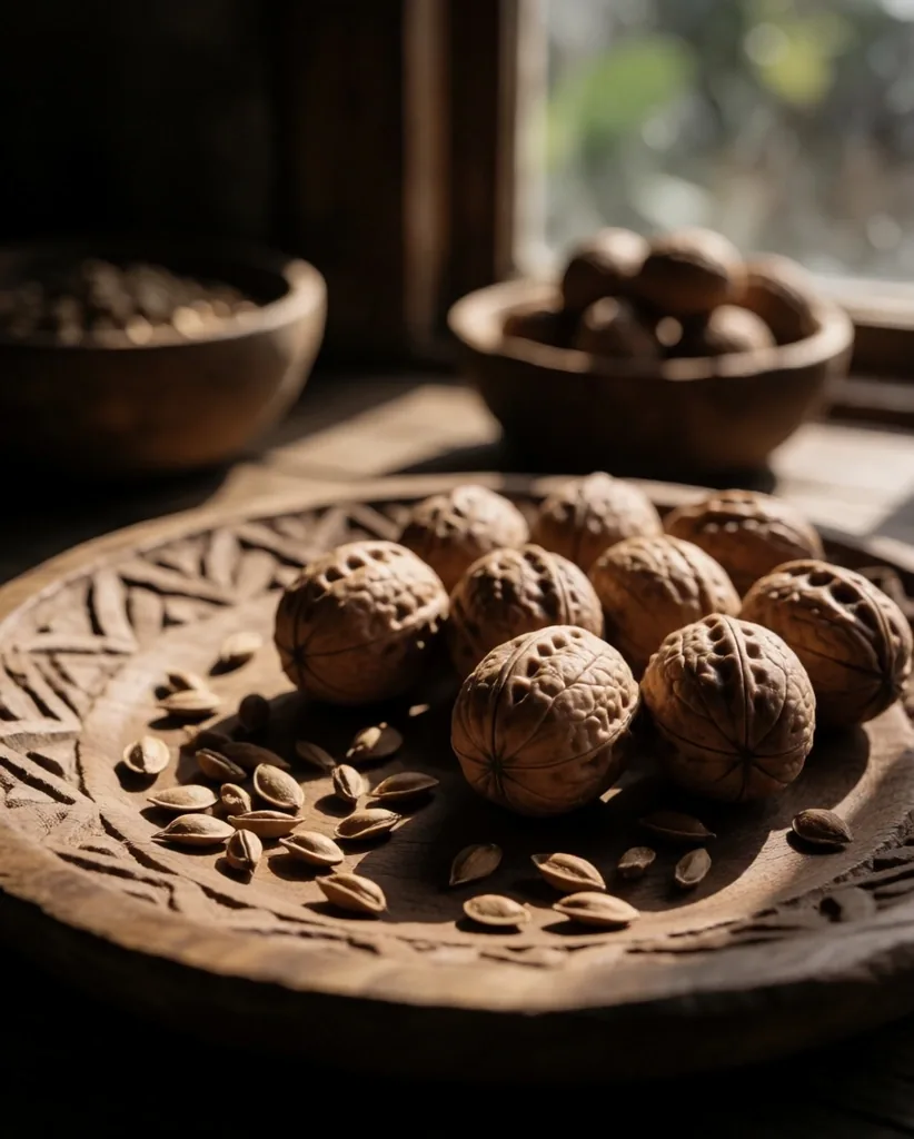 Walnuts, flax seeds, and pumpkin seeds in small bowls on wood